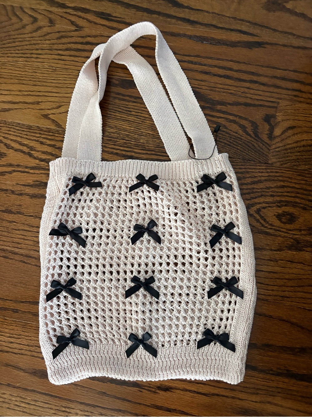 Cream Knit Tote Bag with Black Bow Accents